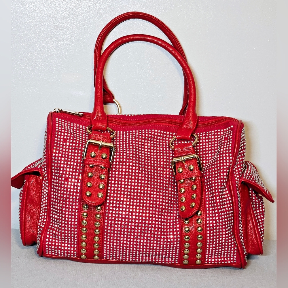 Red Clear Bead Embellished Double Strap Shoulder Bag